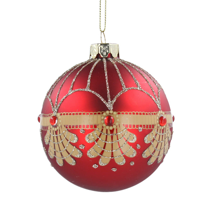 Matt Red Glass Ball With Gold Jewel Scallops 8cm