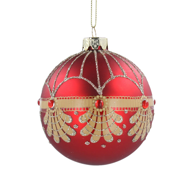 Matt Red Glass Ball With Gold Jewel Scallops 8cm