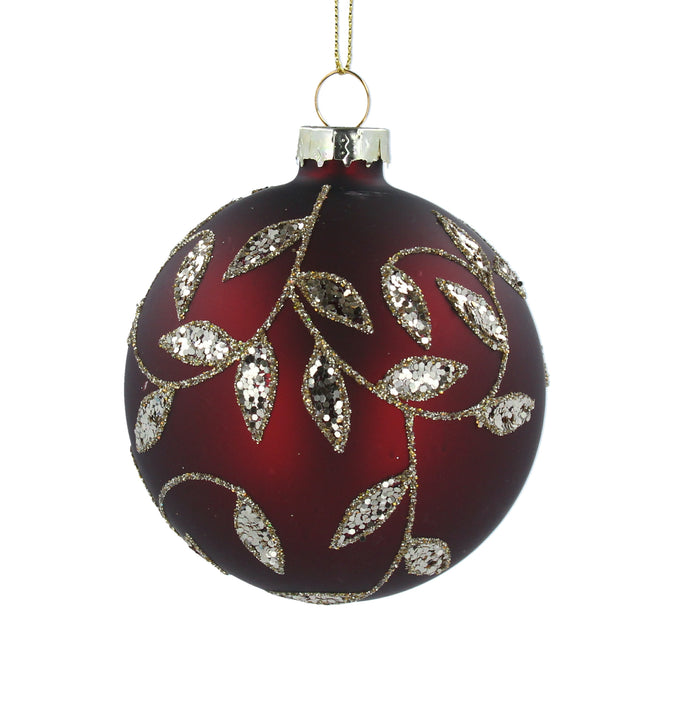 Matt Burgundy Glass Ball With Embossed Gold Leaves  8cm