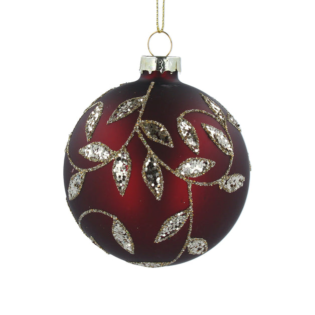 Matt Burgundy Glass Ball With Embossed Gold Leaves  8cm