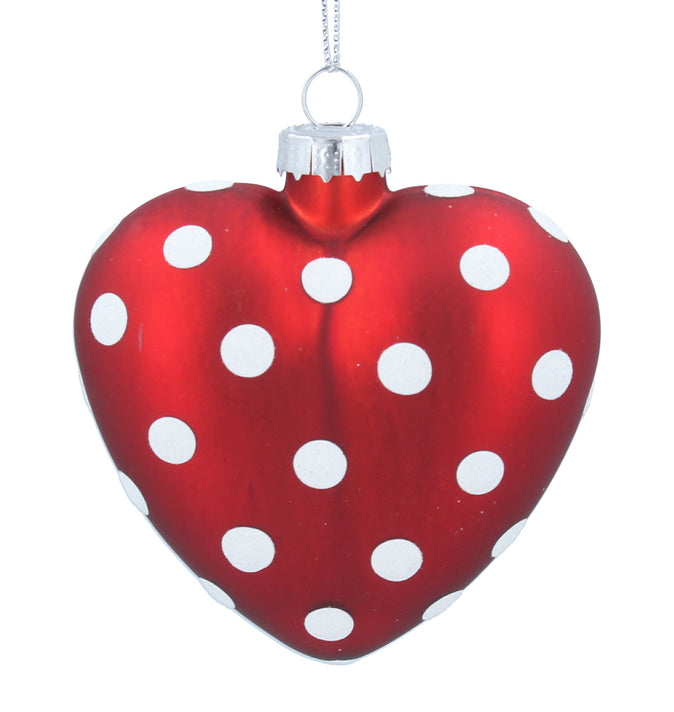 Matt Red Glass Heart With White Dots 8cm