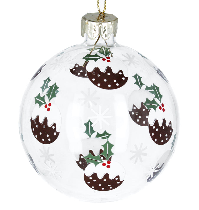 Clear Glass Ball With Christmas Puddings 8cm