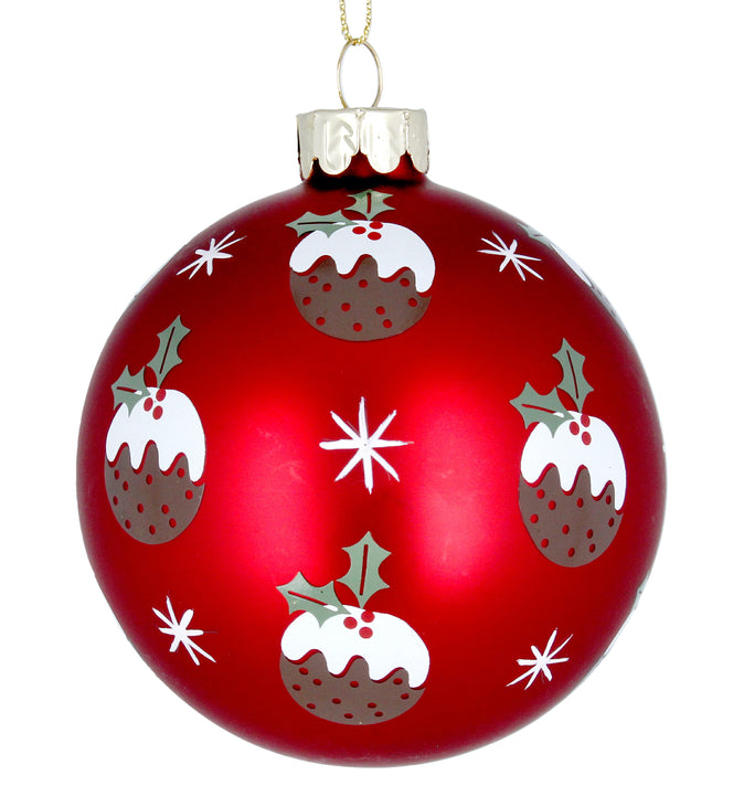 Matt Red Glass Ball With Christmas Puddings 8cm