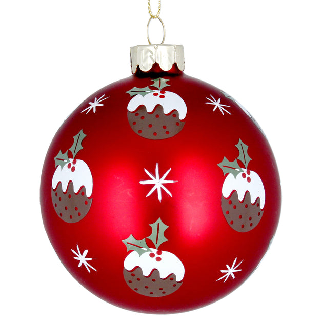 Matt Red Glass Ball With Christmas Puddings 8cm