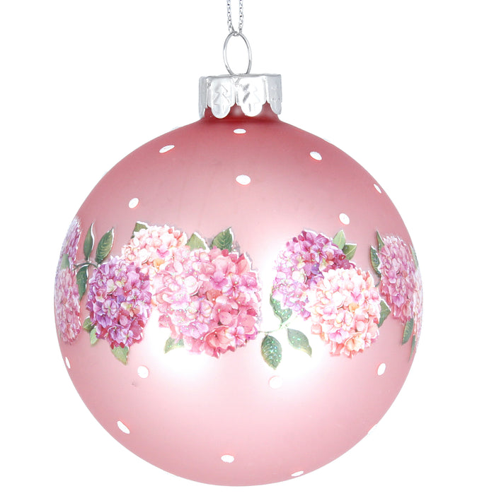 Matt Pink Glass Ball With Pink Hydrangeas Band 8cm