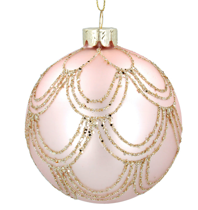 Matt Pale Pink Glass Ball With Glitter Swags 8cm