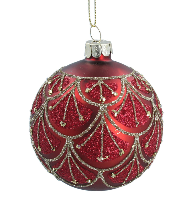 Matt Red Glass Ball With Gold Decorationo Swags 8cm