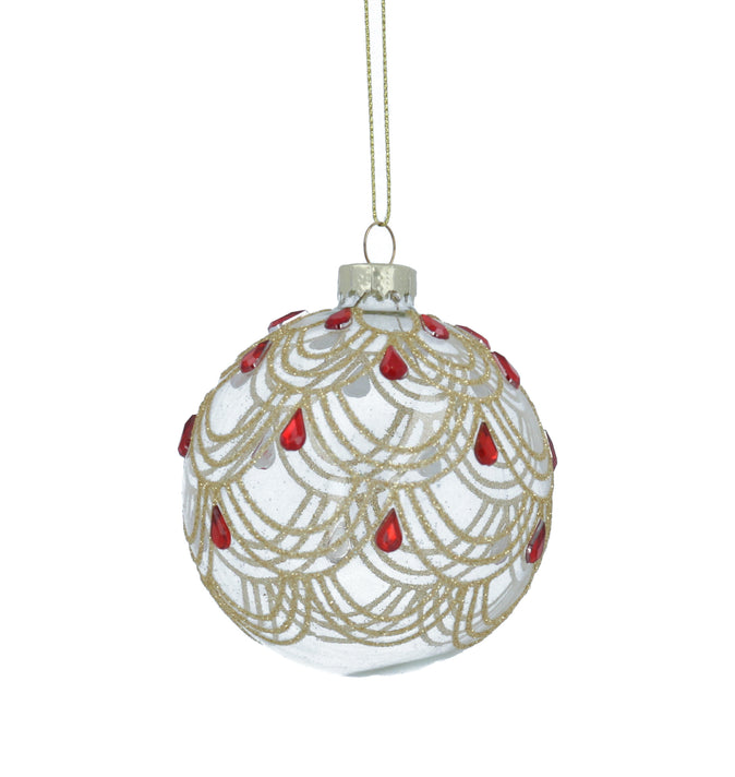 Clear Glass Ball With Gold Swags/Red Diamante 8cm