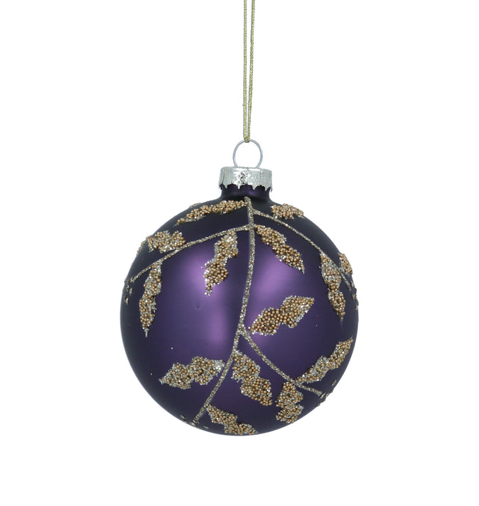 Matt Purple Glass Ball With Gold Beaded Holly 8cm