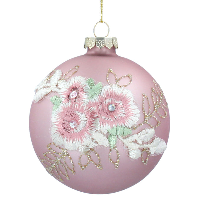 Matt Rose Pink Glass Ball With Fabric Flowers 8cm