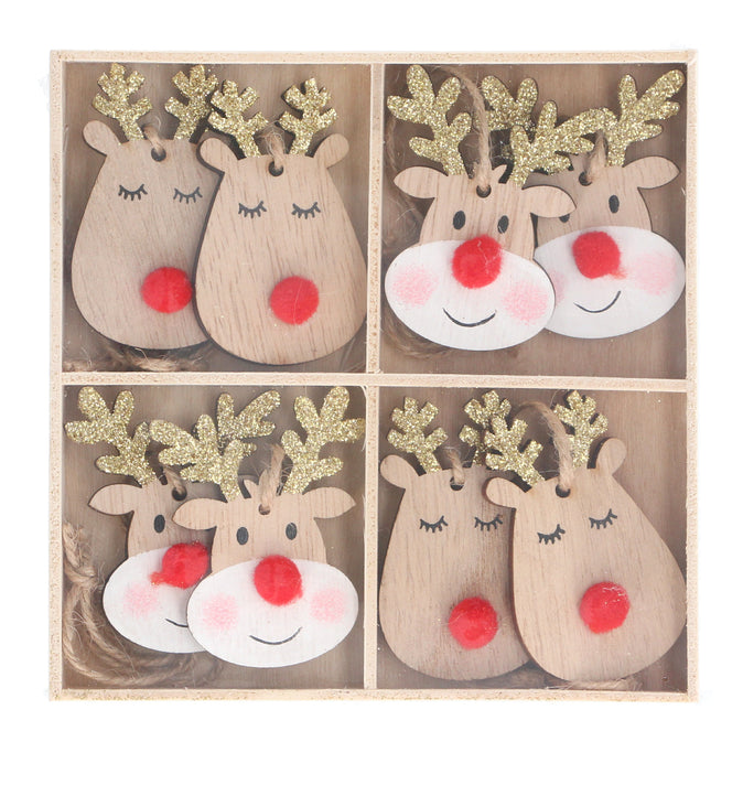 Wood Reindeer Head Decoration Box of 8