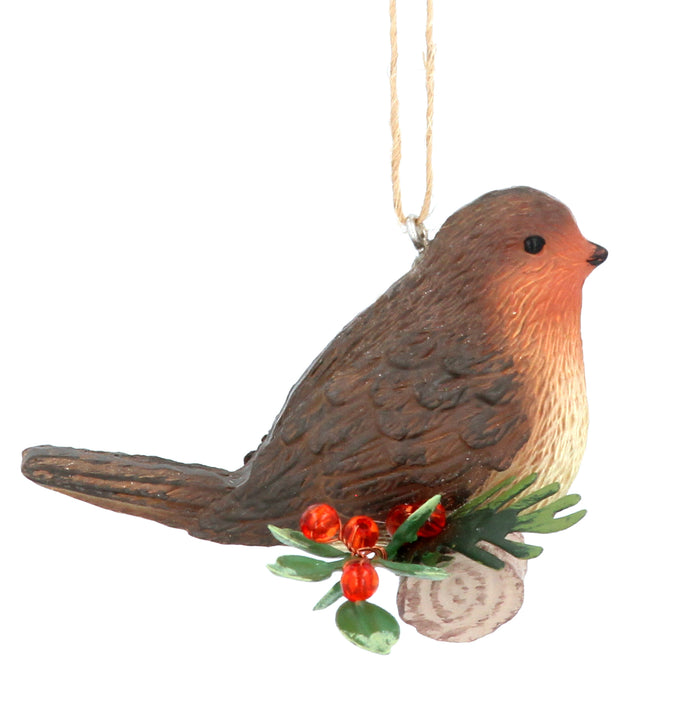 Resin Robin on Holly Log Decoration