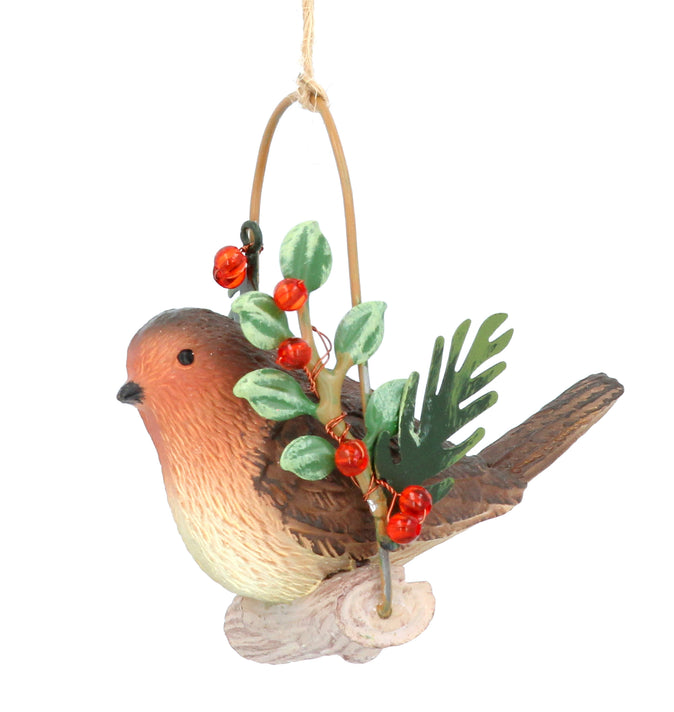 Resin Robin on Holly Log Swing Decoration