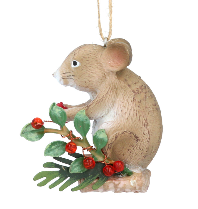 Resin Mouse on Holly Log Decoration