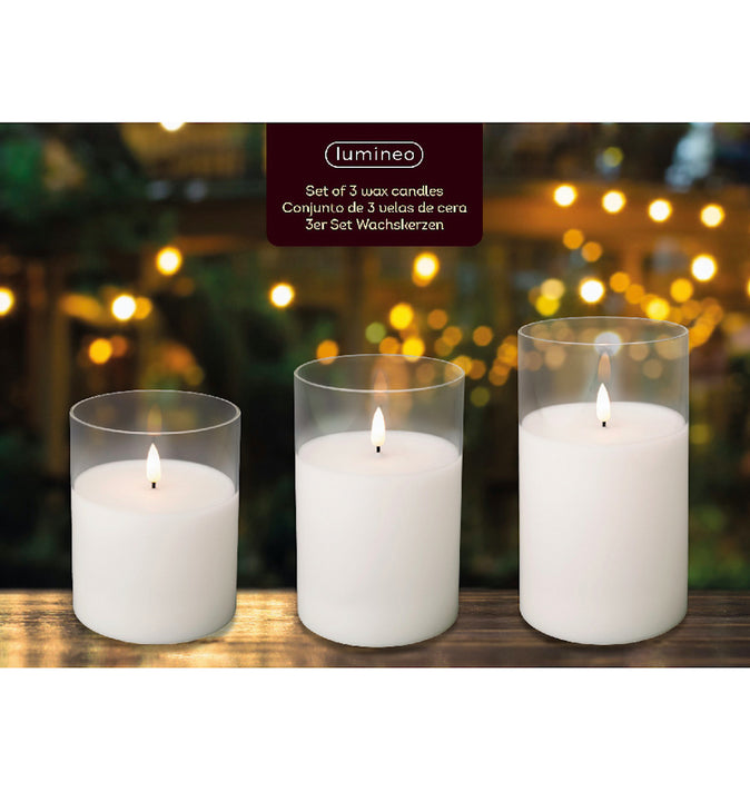 LED Wax Candle Clear Glass Set of 3