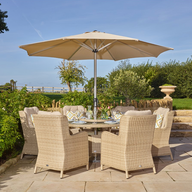Bramblecrest Somerford 140cm Round Table with Lazy Susan, 6 Armchairs, Parasol & Base