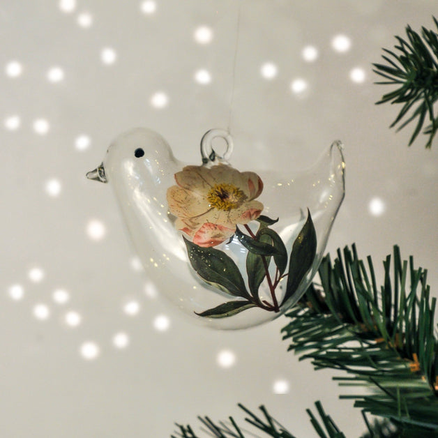 Clear Glass Bird with Painted Flowers Decoration