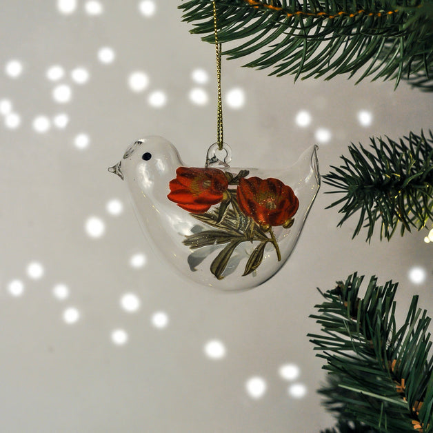 Clear Glass Bird with Painted Flowers Decoration