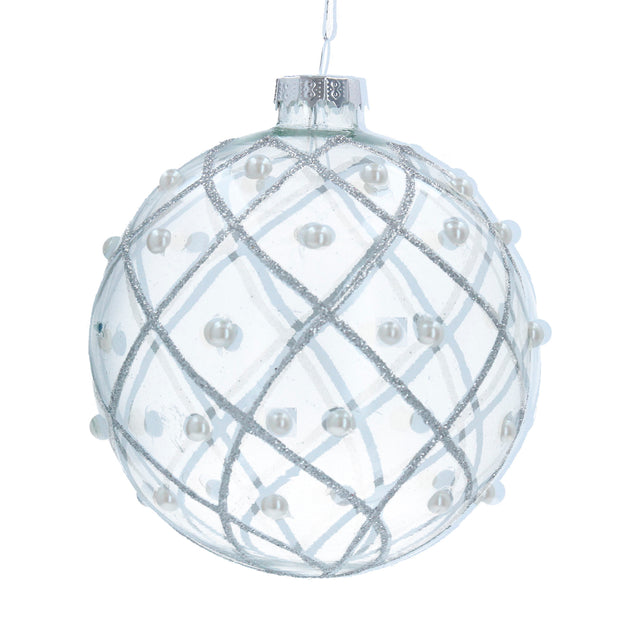 Clear Ball with Silver Glitter Trellis & Pearl 10cm