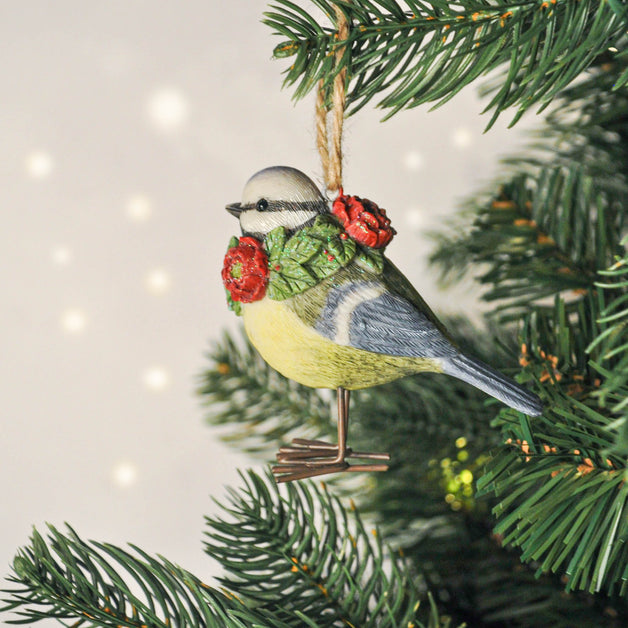 Resin Blue Tit with Floral Wreath Decoration