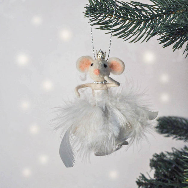 Wool & Mix Feather White Mice Decoration