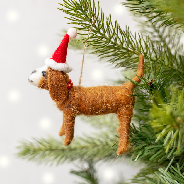 Mixed Wool Brown Dog with Santa Hat