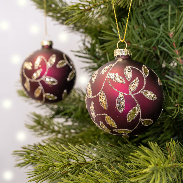 Matt Burgundy Glass Ball with Gold Glitter Leaves